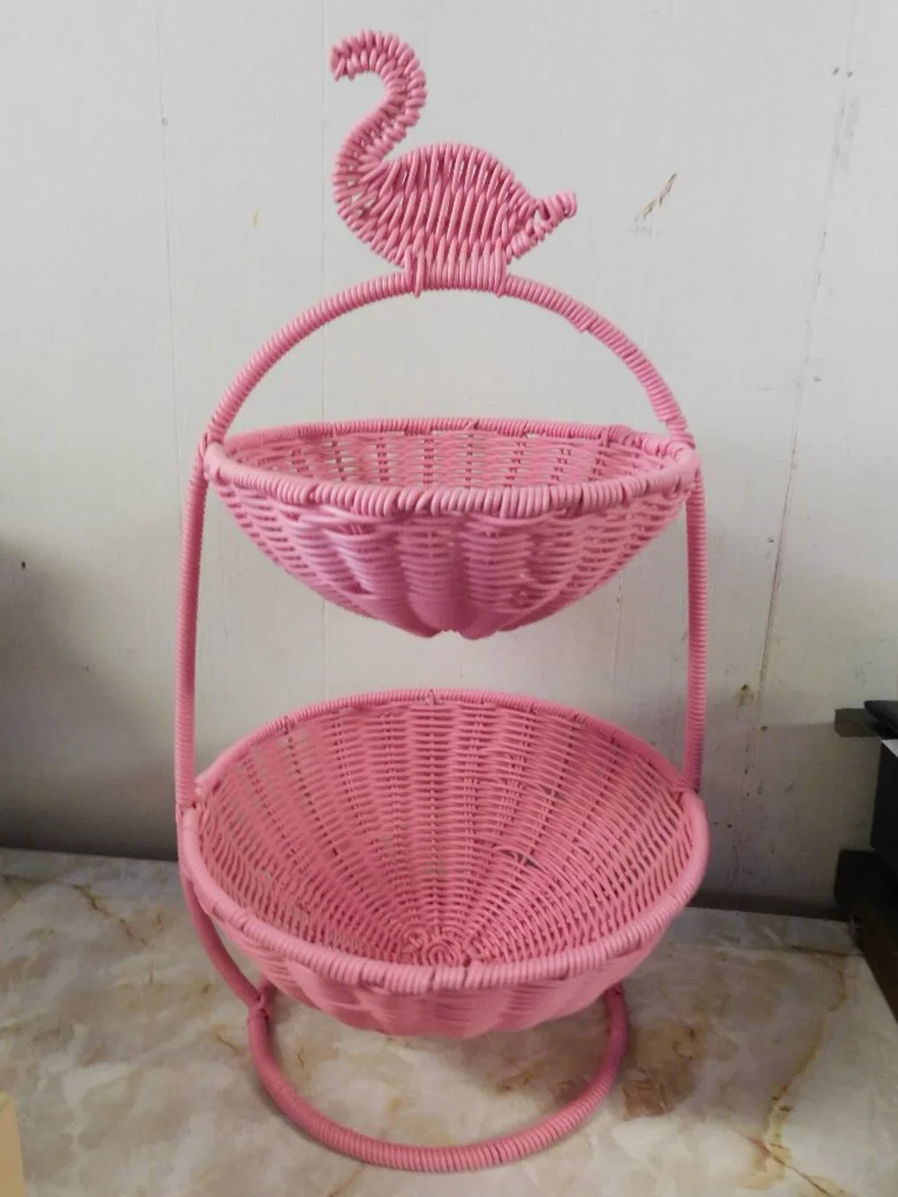 Pink Flamingo Wicker Rattan Woven Two Tier Basket